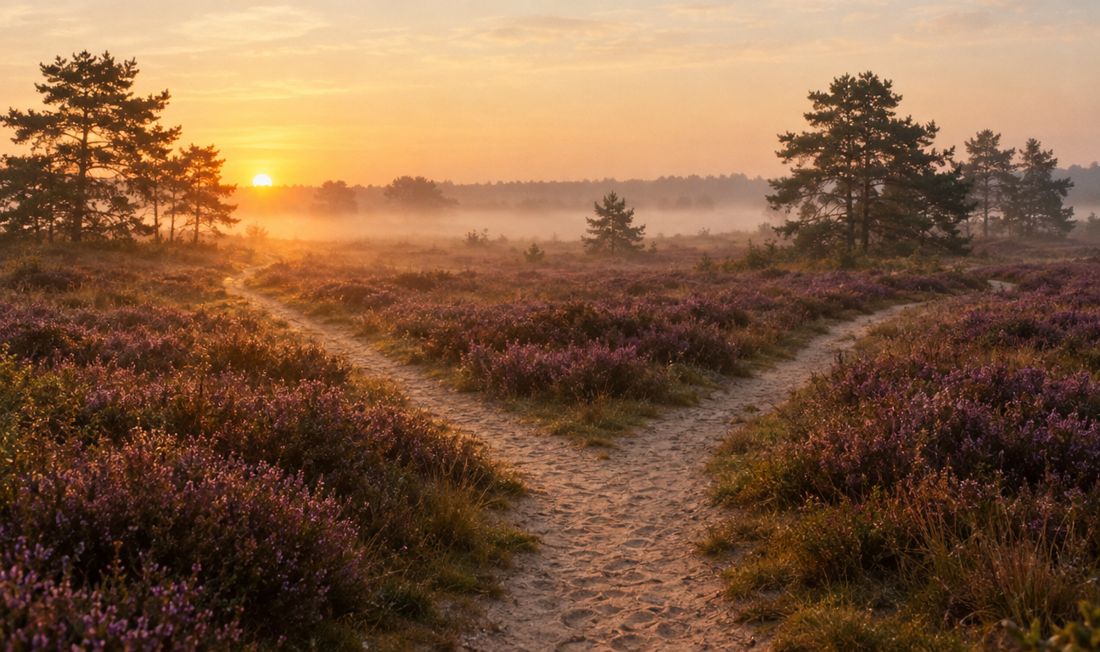 Een zandpad splitst zich in twee richtingen tussen de bloeiende heide