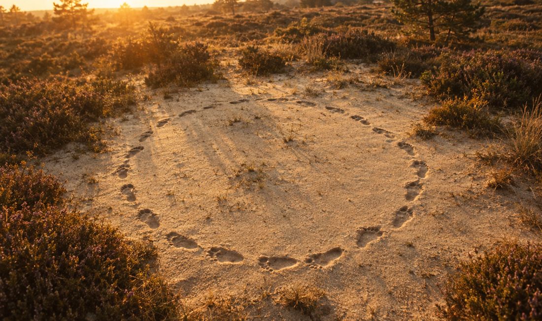 Voetafdrukken vormen een cirkel op een zandpad op de heide