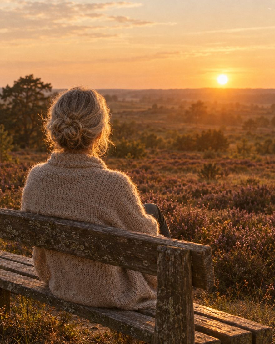 Een vrouw rust op een bankje op de heide bij zonsondergang